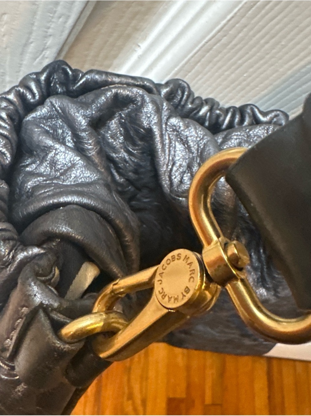 Marc Jacobs Metallic Gunmetal Leather Shoulder Bag with Gold Hardware Accent